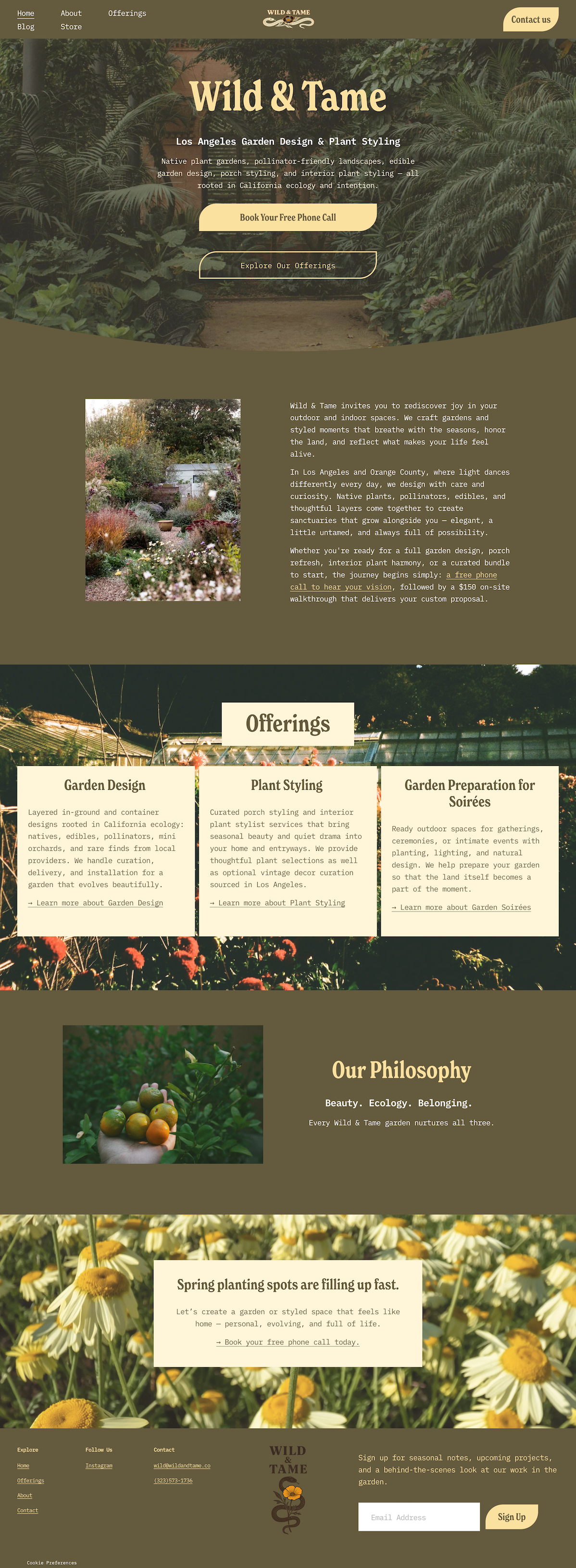 Screenshot of the redesigned Wild & Tame homepage featuring the lush garden hero section, service offerings, and spring planting call-to-action.