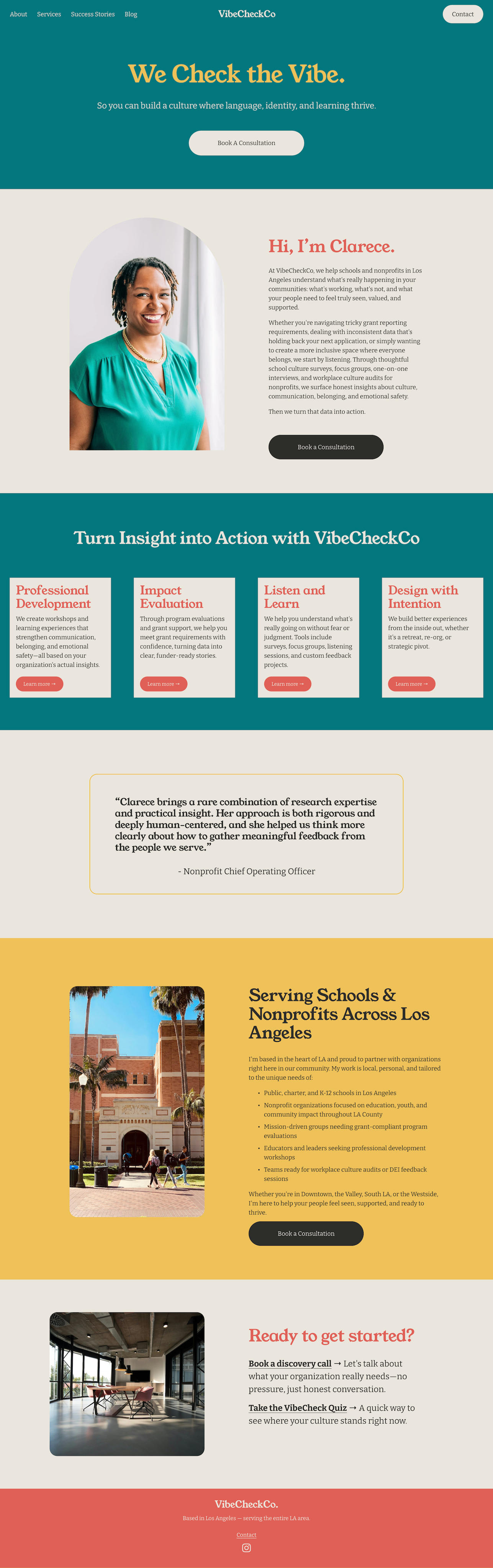 VibeCheckCo website redesign by Acorn Creative, Pasadena web design – clean, professional homepage for Dr. Clarece Weinraub’s culture consulting work with Los Angeles schools and nonprofits
