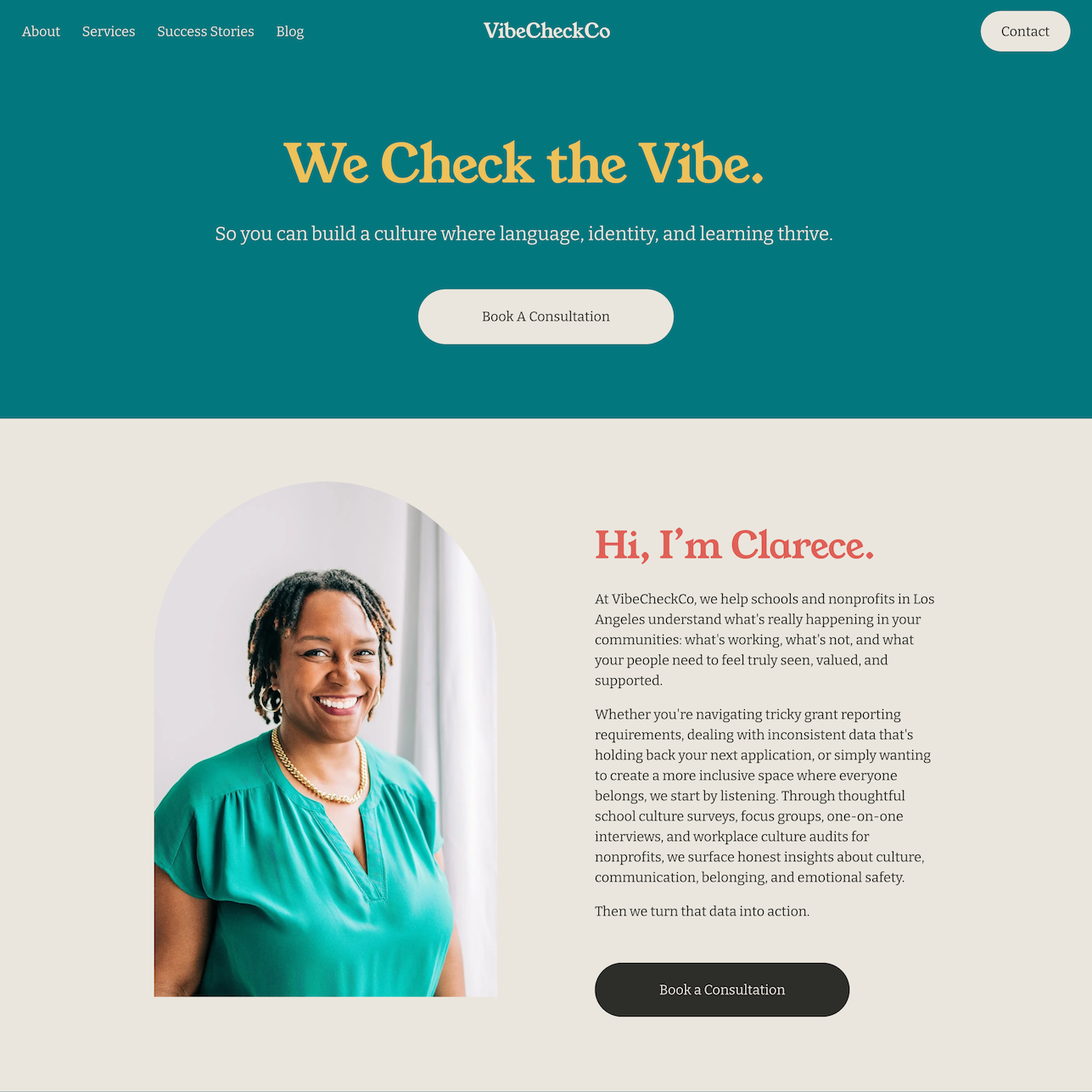 VibeCheckCo website redesign by Acorn Creative, Pasadena web design – clean, professional homepage for Dr. Clarece Weinraub’s culture consulting work with Los Angeles schools and nonprofits.