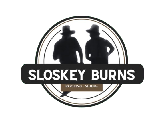 Logo for Sloskey Burns roofing and siding company featuring two cowboy silhouettes and the company name.