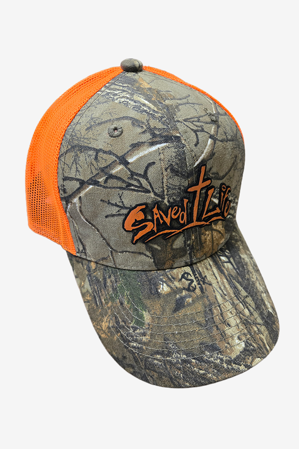 Snapback Realtree Camo with orange contour cut leather logo