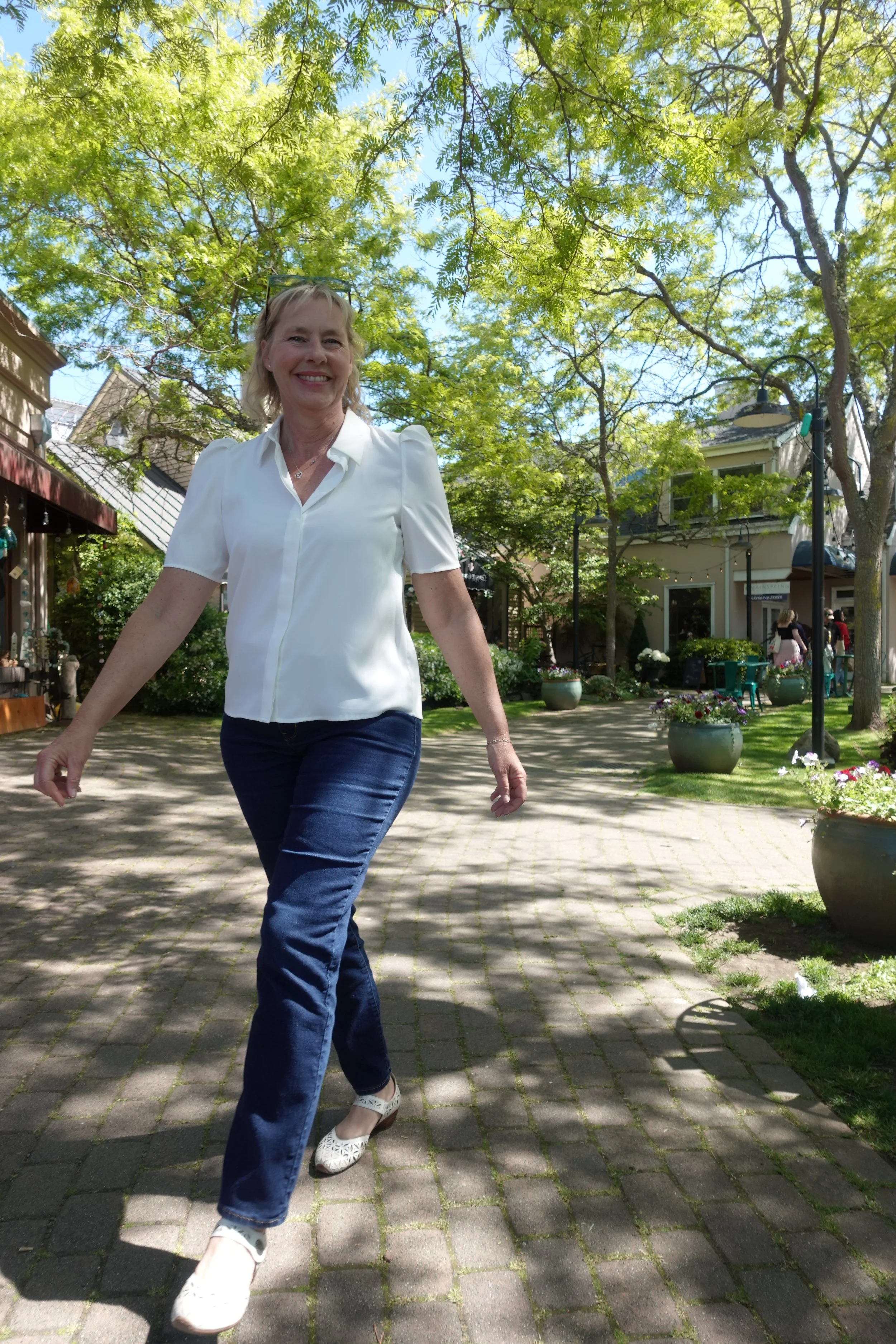 Leanne Erickson walking through downtown Langley