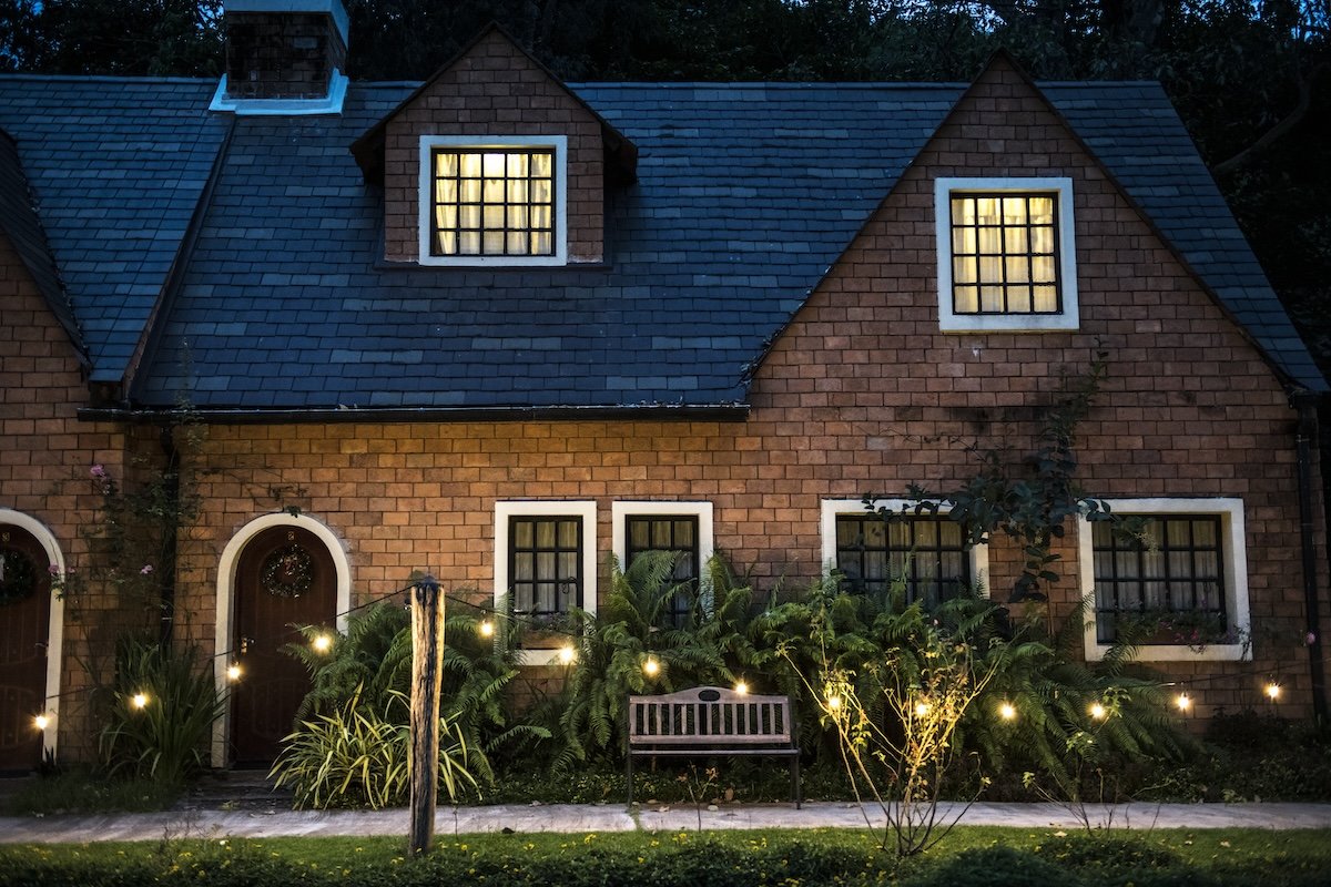 Red brick house at night