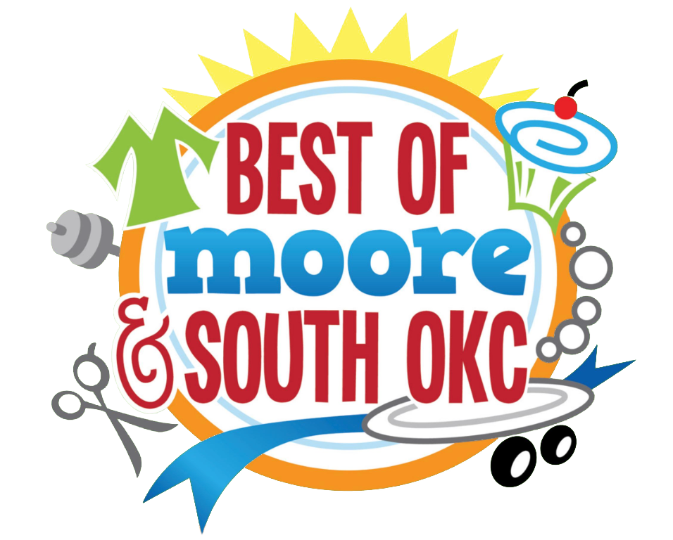 Logo with the text 'Best of Moore & South OKC' surrounded by cartoon images of scissors, a cupcake, a plate, and a green shirt, on a green background.