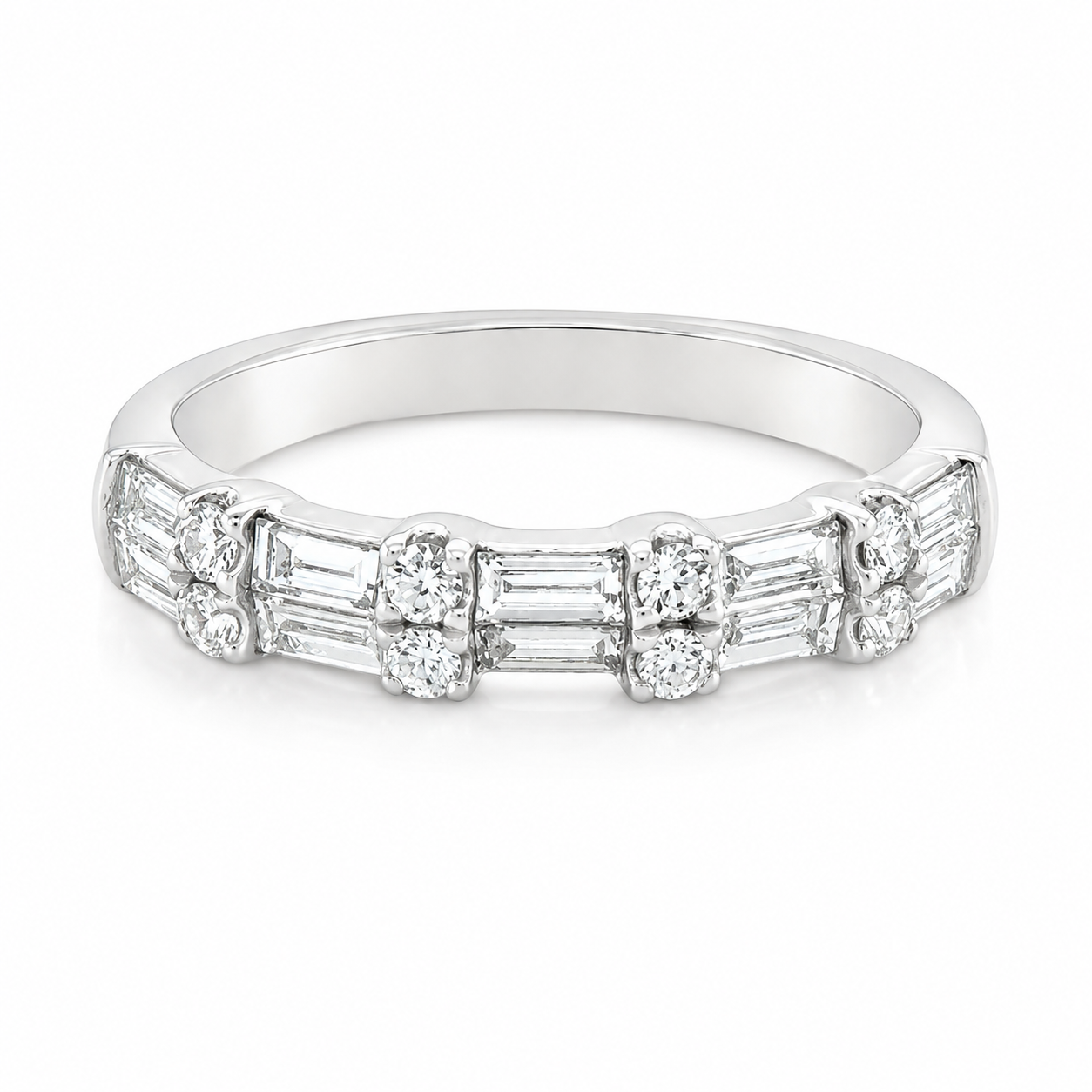 Double Row Straight Baguette + Round Stone Diamond Half Band