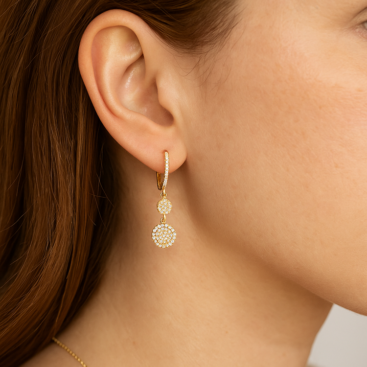 Double diamond disc drop earrings in 14k yellow gold for a timeless fine jewelry gift from Brilliant Fine+Custom Jewelry.