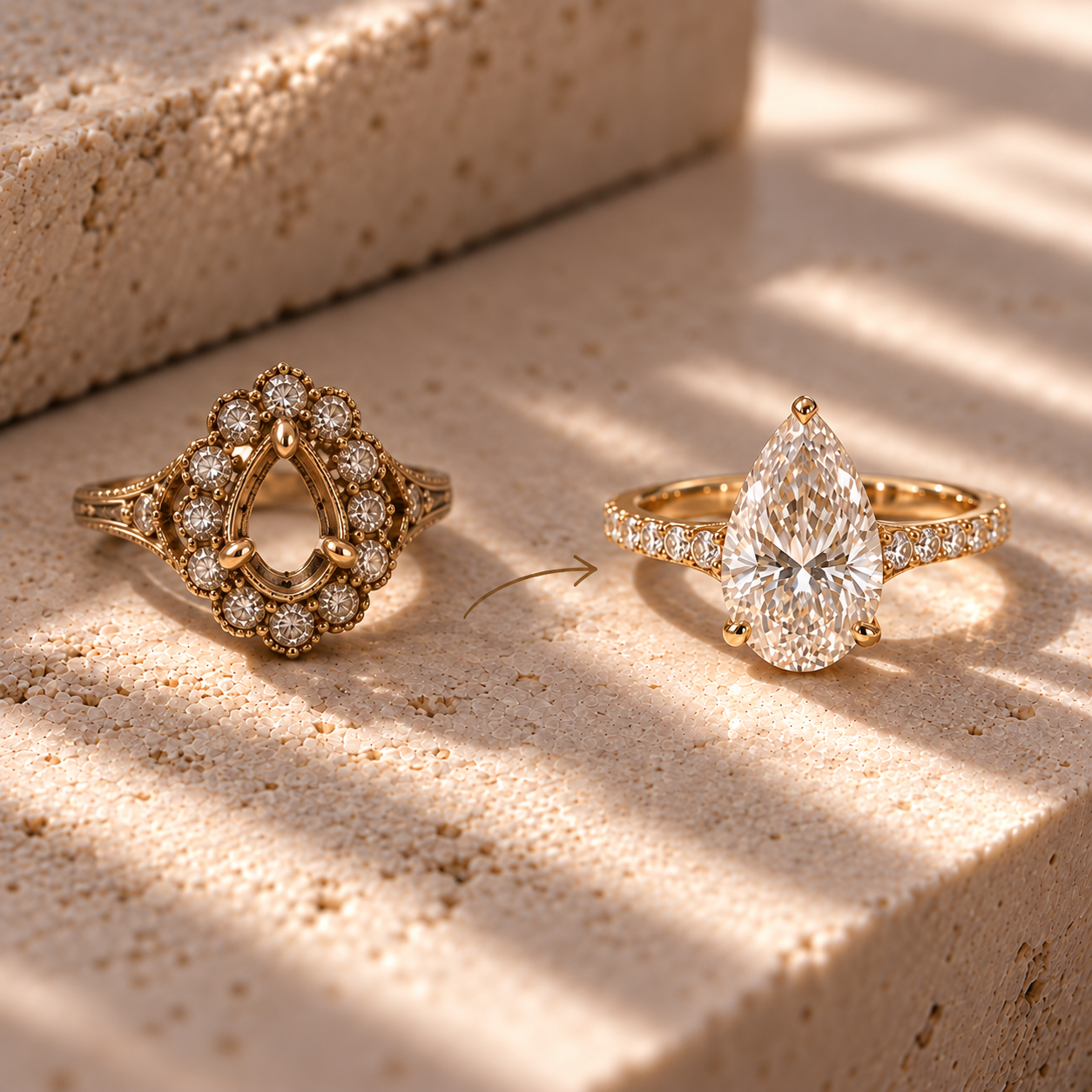 Two redesigned heirloom rings in gold. Brilliant Fine+Custom specializes in giving your heirloom treasures a new life as unique pieces as special as they were when passed down.