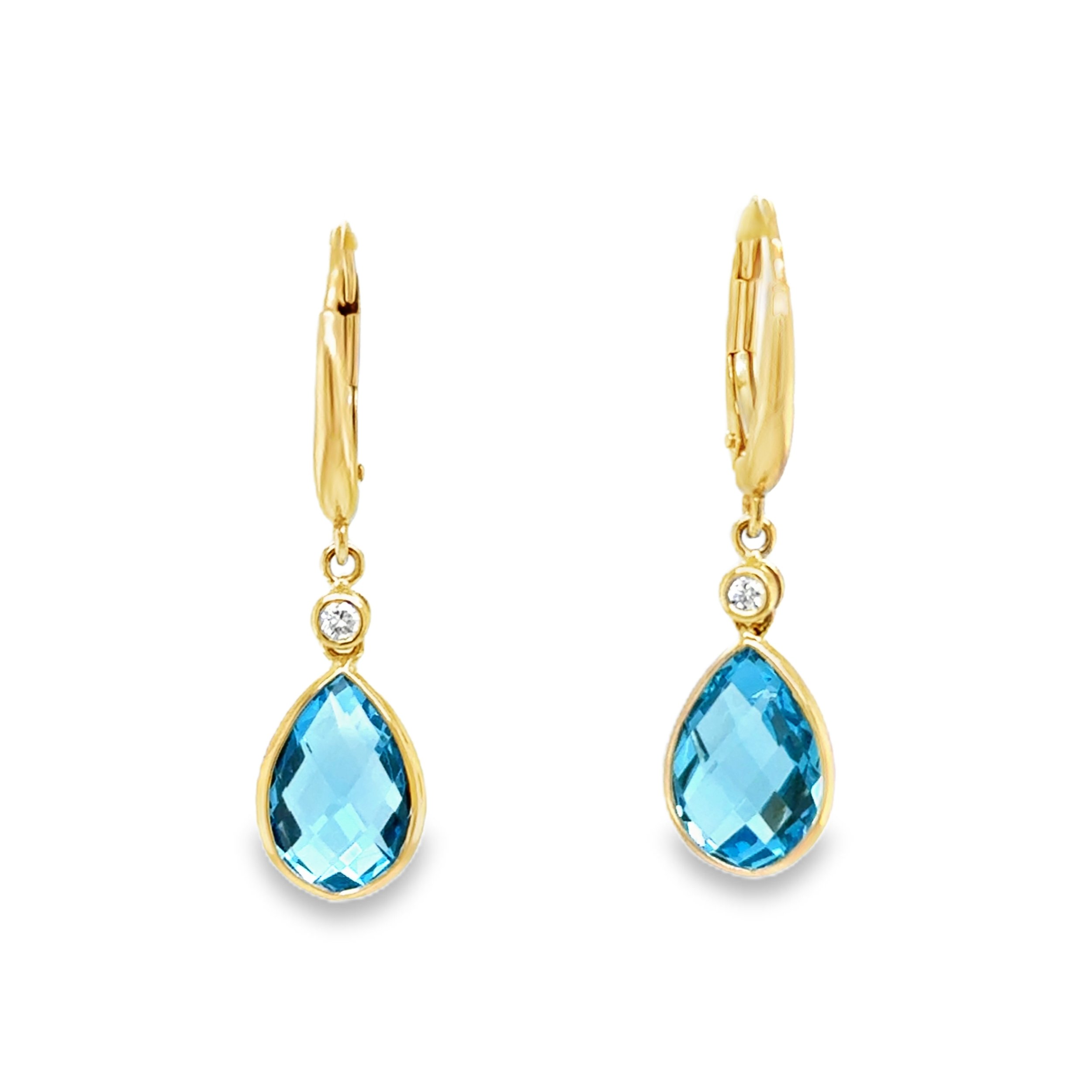 Bezel Set Pear Shaped Blue Topaz + Diamond Lever Back Earrings