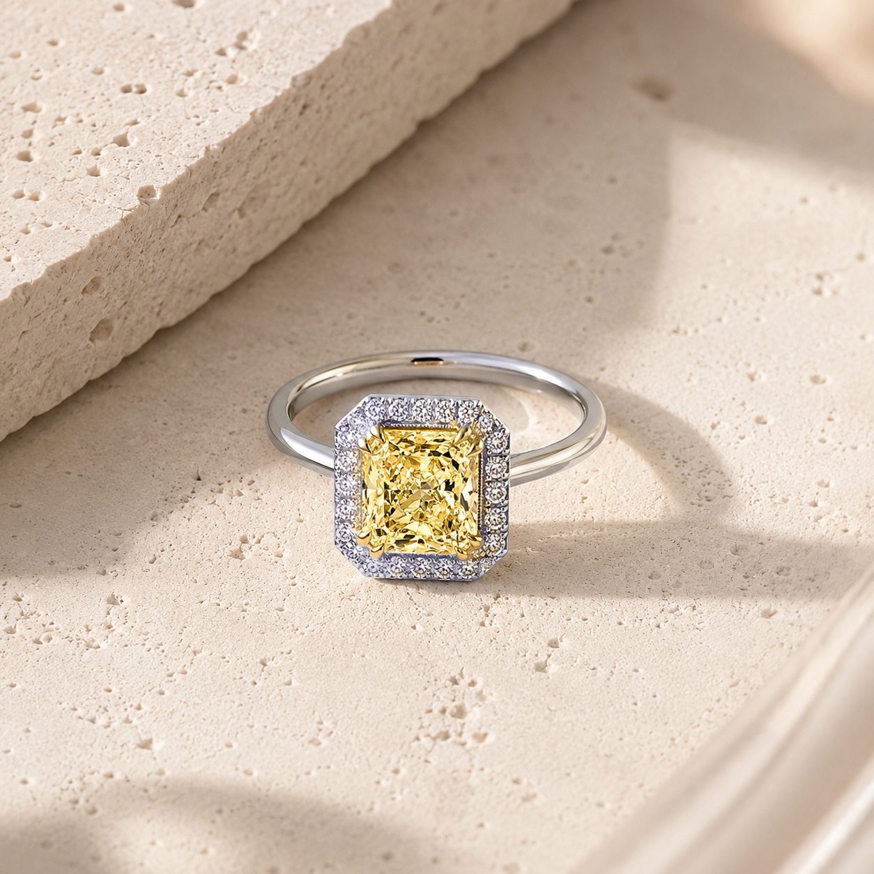 Two-tone gold radiant-cut butter yellow diamond single halo ring from Brilliant Fine+Custom Jewelry