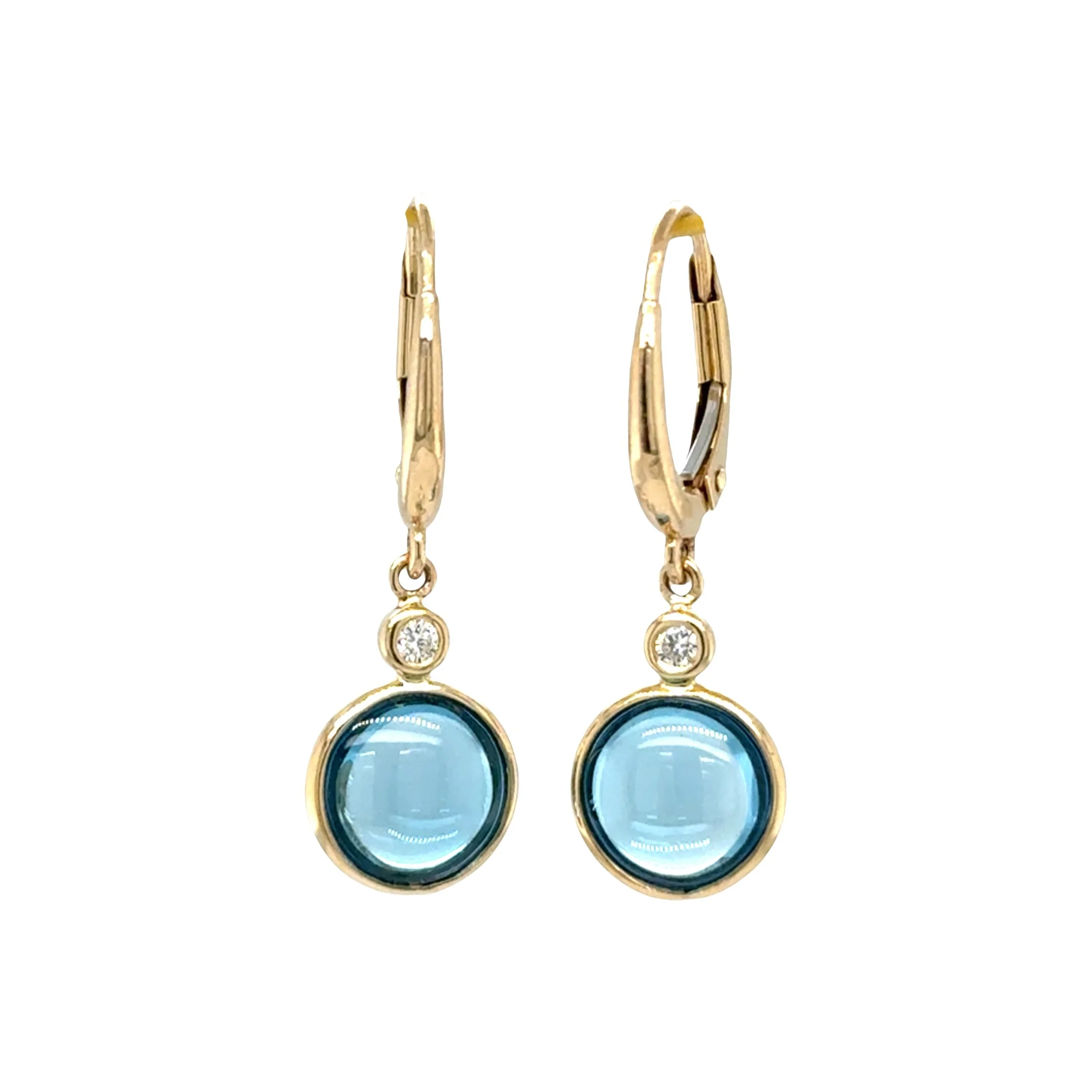 Bezel Set Round Topaz Cabochon + Diamond Lever Back Earrings