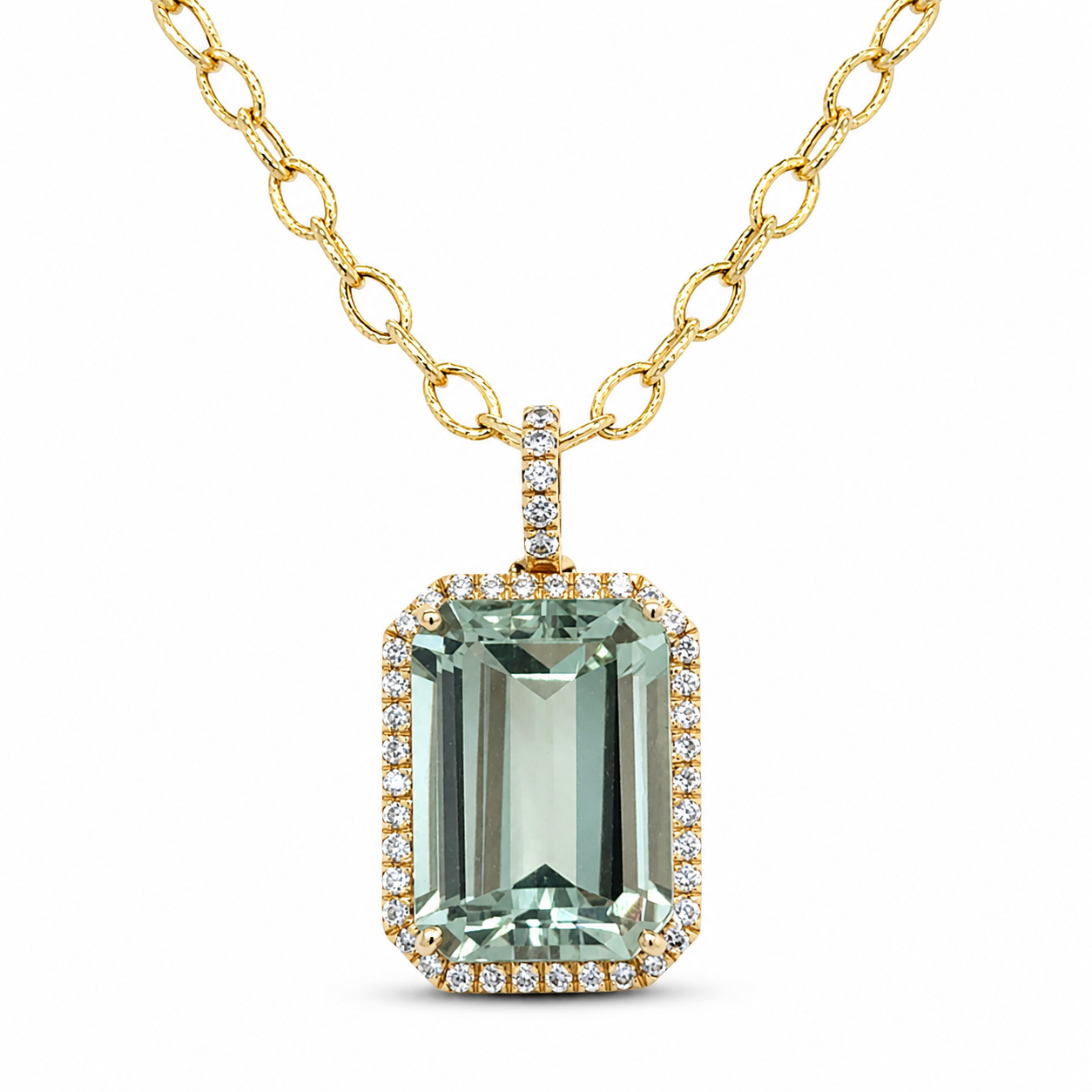 Green Amethyst + Diamond Halo Pendant on Cable Chain
