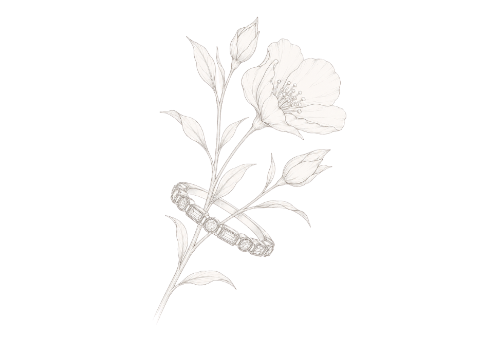A detailed black and white illustration of a flower with a bracelet wrapped around its stem.