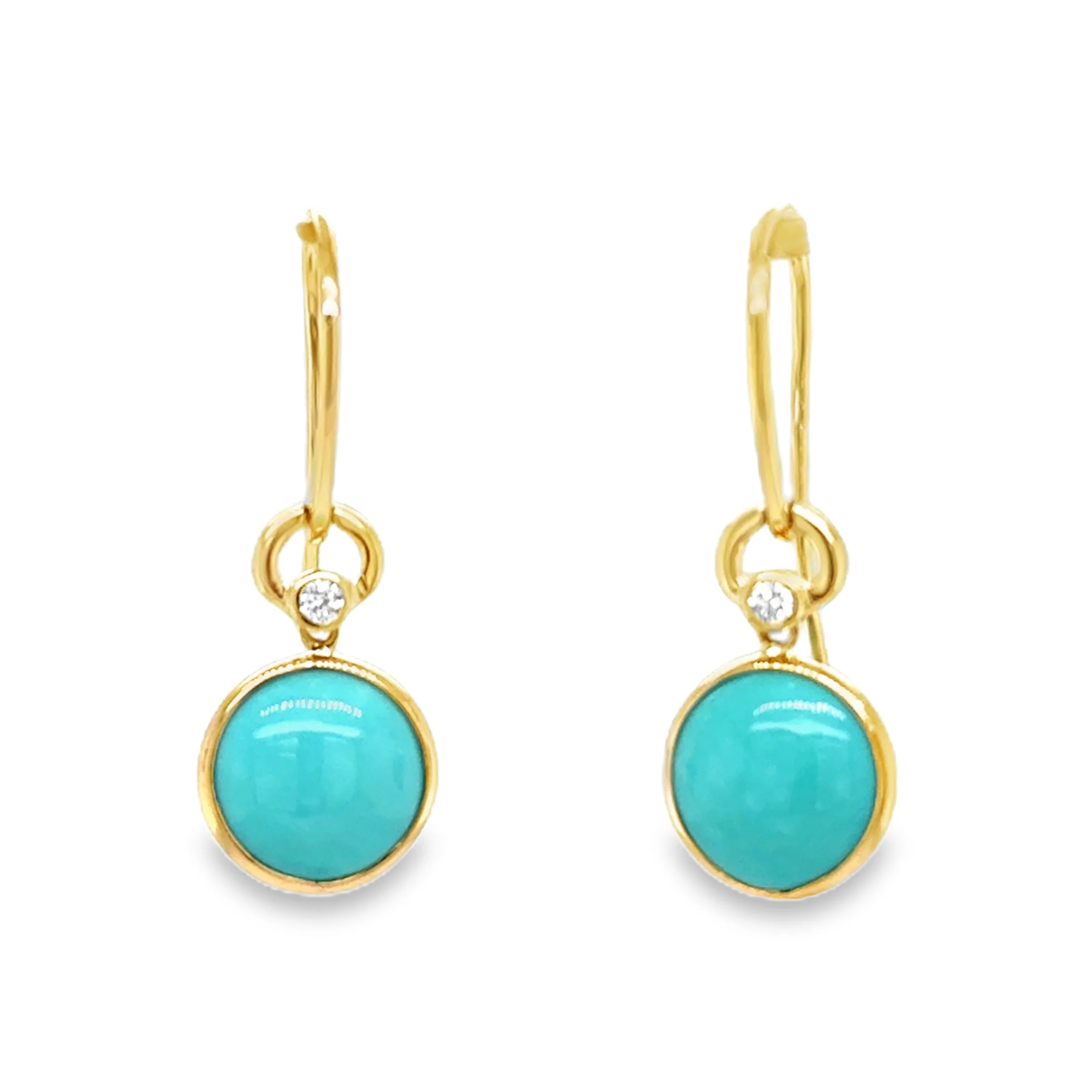 Bezel Set Round Turquoise + Diamond Dangle Earrings