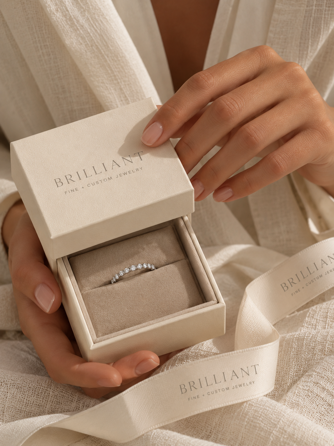 A stunning push present ring in a velvet box from Brilliant Fine+Custom jewelry.