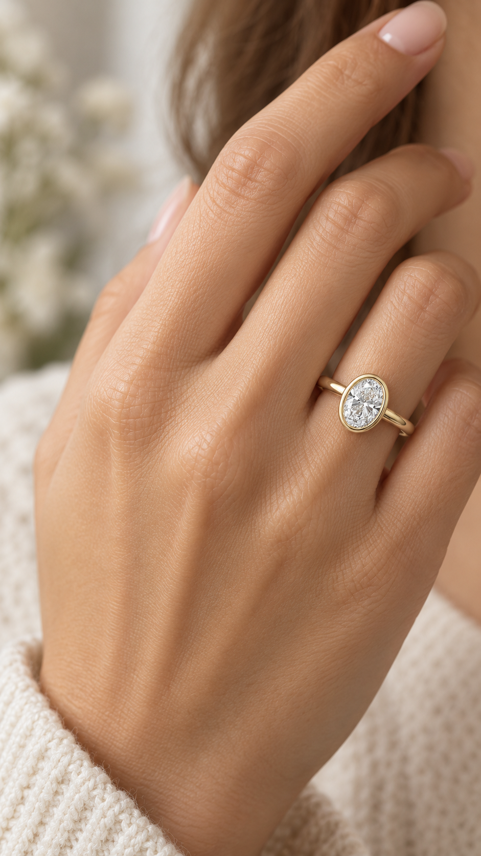 An elegant oval-cut diamond ring set in yellow gold. A perfect push present for a new mother.