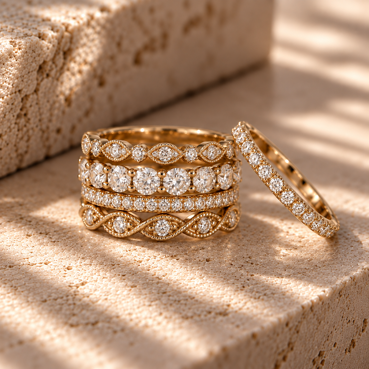 An elegant stack of varying diamond rings selected as part of a personal, unique ring stack from Brilliant Fine+Custom in Roswell, Georgia.