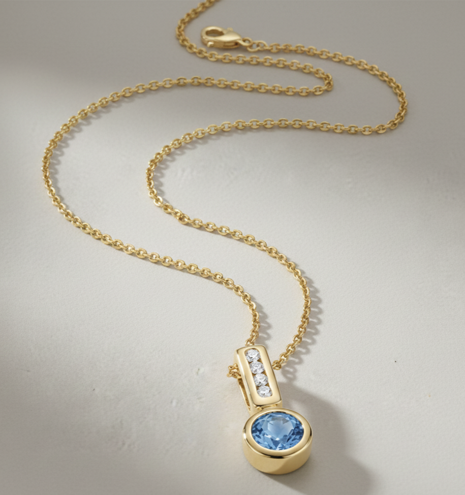 A round Swiss blue topaz bezel pendant in 14k yellow gold with small diamond accents on an 18 inch chain from Brilliant Fine+Custom Jewelry.