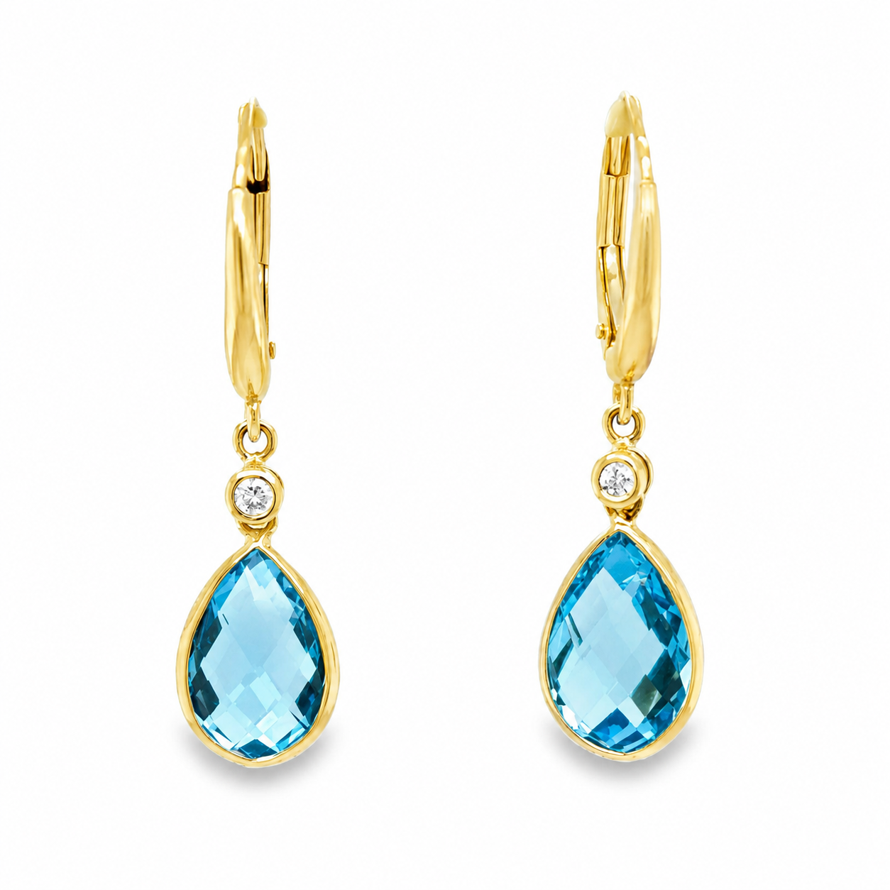 Bezel Set Pear Shaped Blue Topaz + Diamond Lever Back Earrings