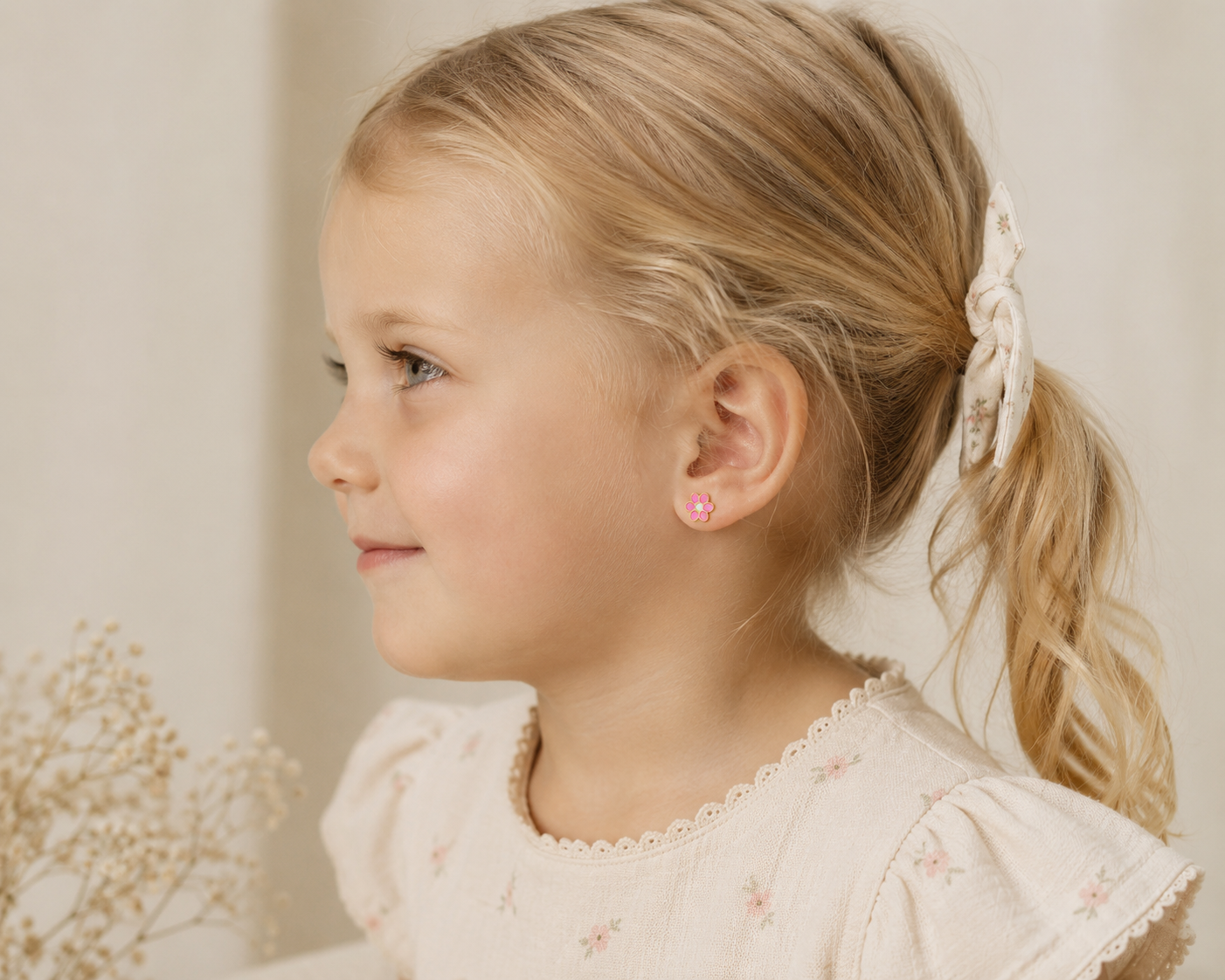 Pink flower enamel stud earrings for babies and kids from Brilliant Fine+Custom Jewelry