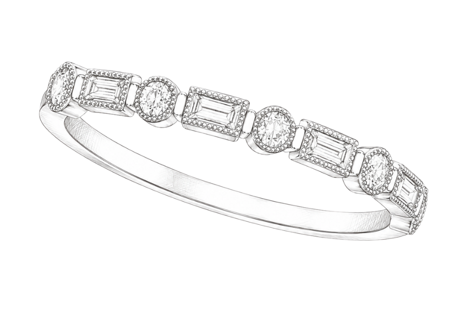 A silver bracelet with alternating rectangular and circular diamond-shaped stones, set with smaller diamonds around the larger stones.