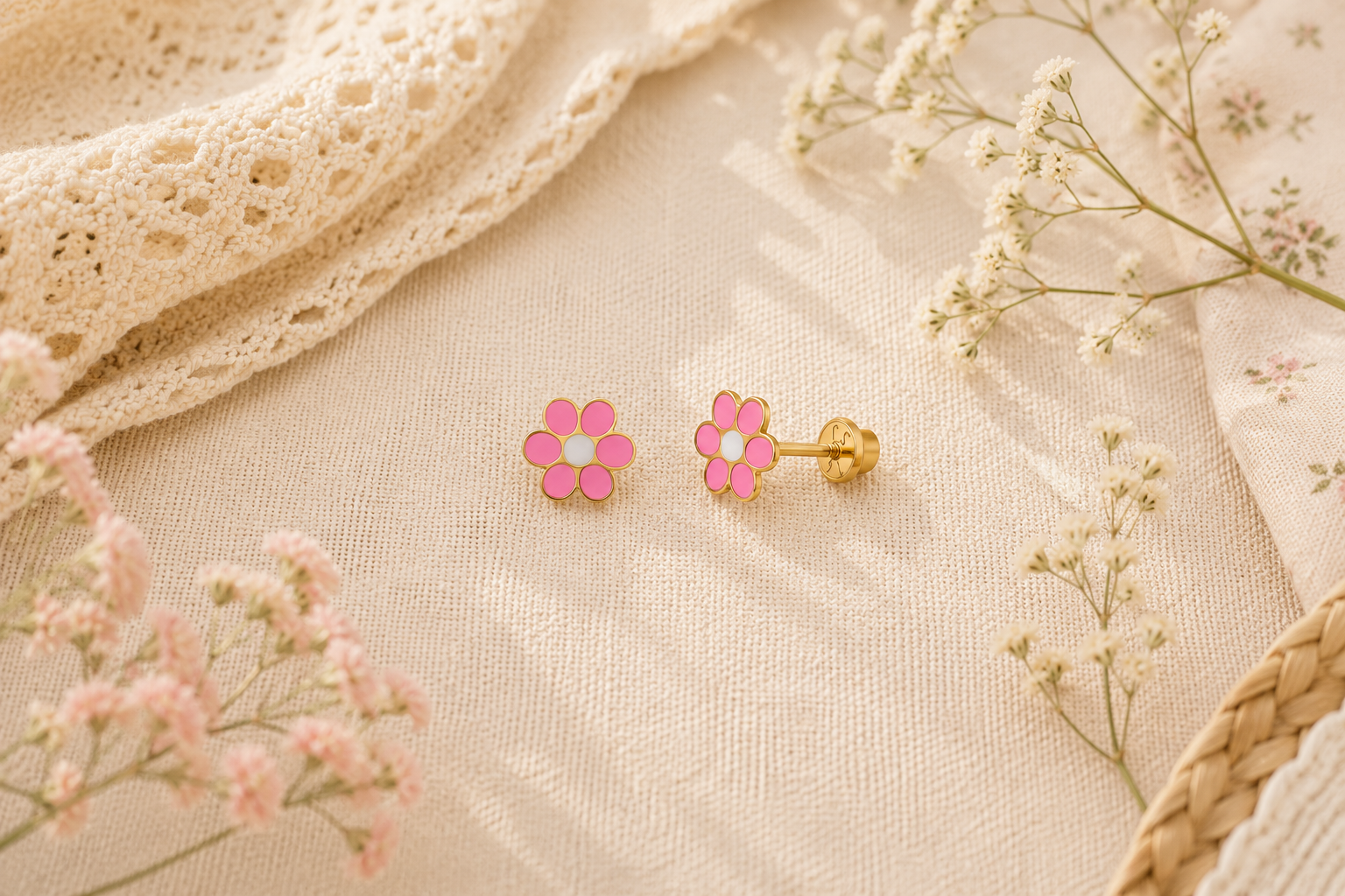 Pink enamel flower stud earrings in 14k yellow gold with screw-backs for babies and kids from Brilliant Fine+Custom Jewelry