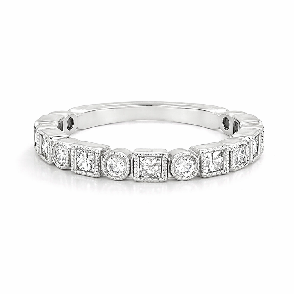 Bezel Set Round + Princess Cut Half Diamond Band with Milgrain Detail