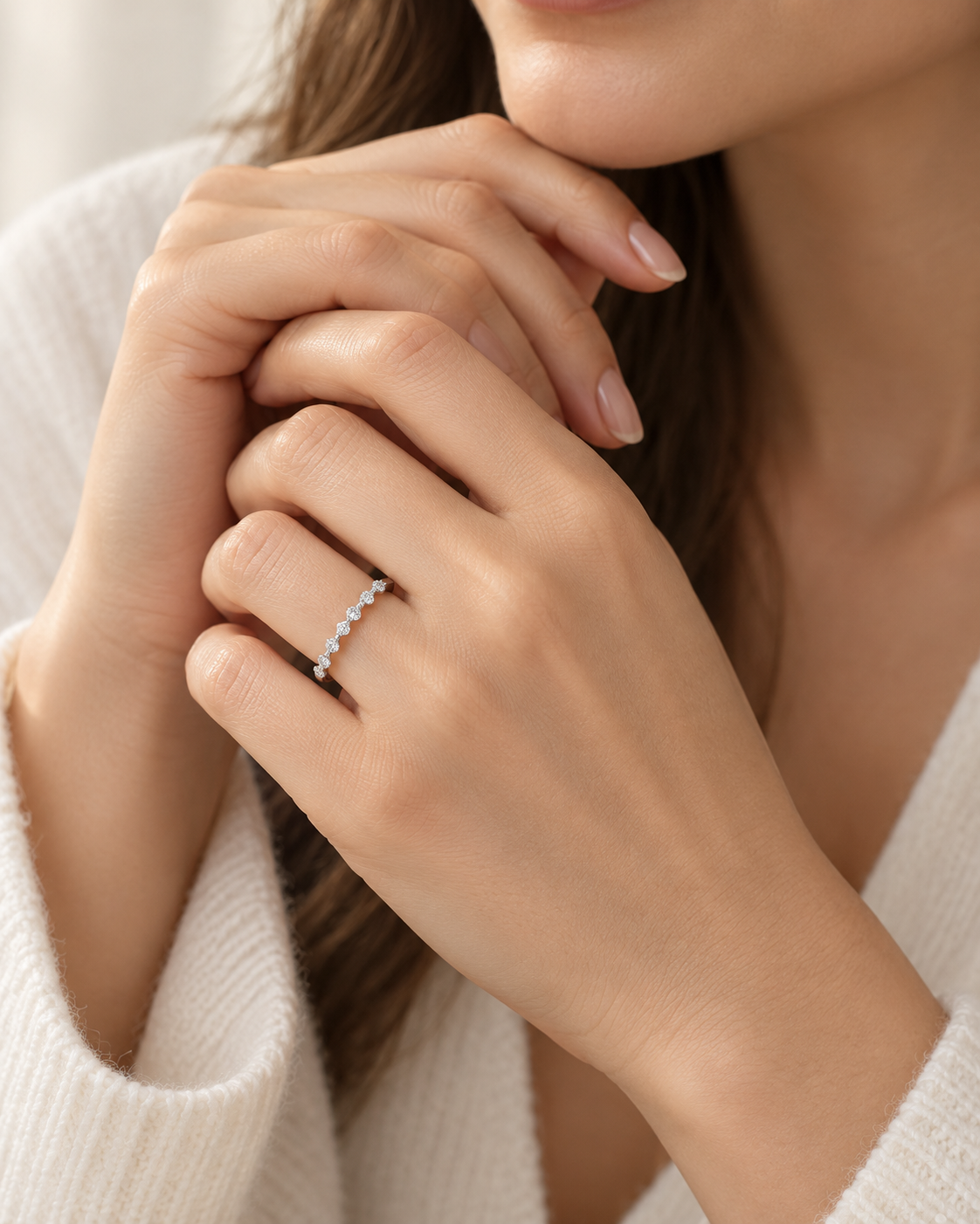 Prong set half diamond band in 14k white gold, great as a timeless push present ring for new mothers