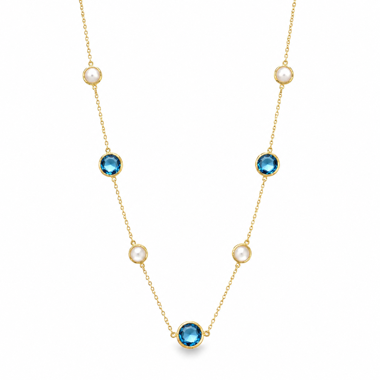 Mother of Pearl + Swiss Blue Topaz Station Necklace
