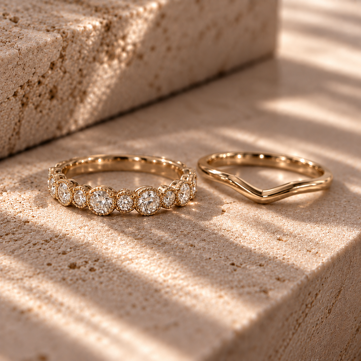 Custom wedding bands from Brilliant Fine+Custom, the ring on the left features diamond bubbles set in yellow gold, with a matching solid gold wedding band next to it.