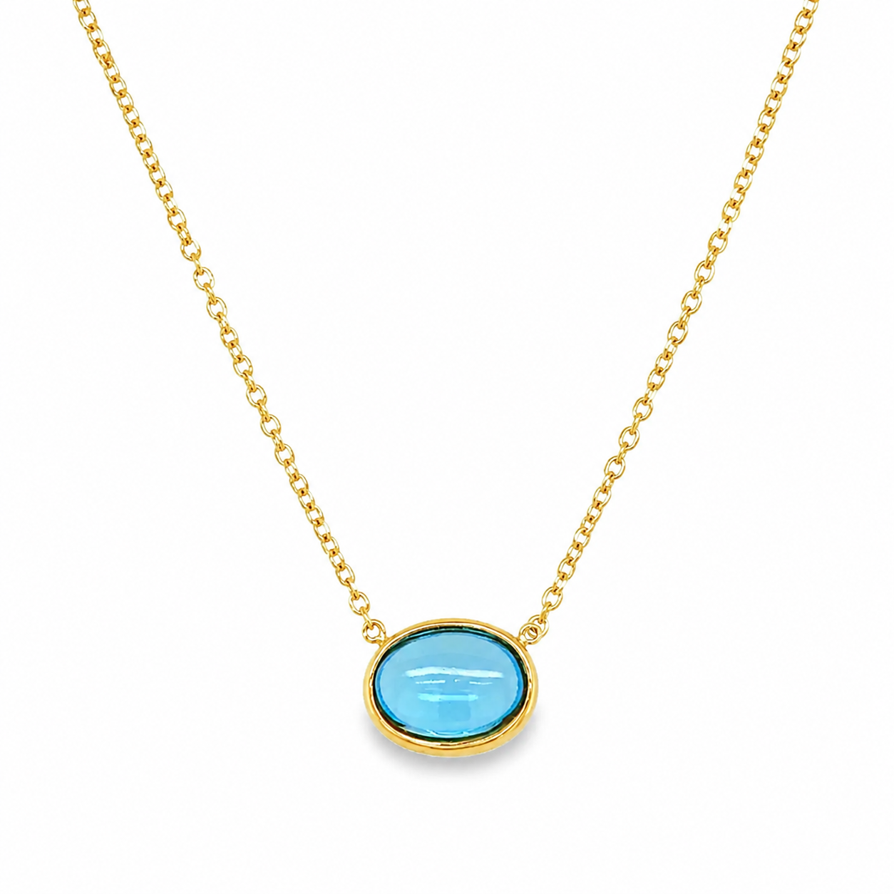 Bezel Set Oval Swiss Blue Topaz Cabochon Necklace