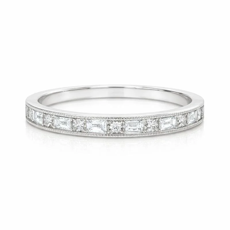 Princess + Baguette Diamond Half Band with Milgrain