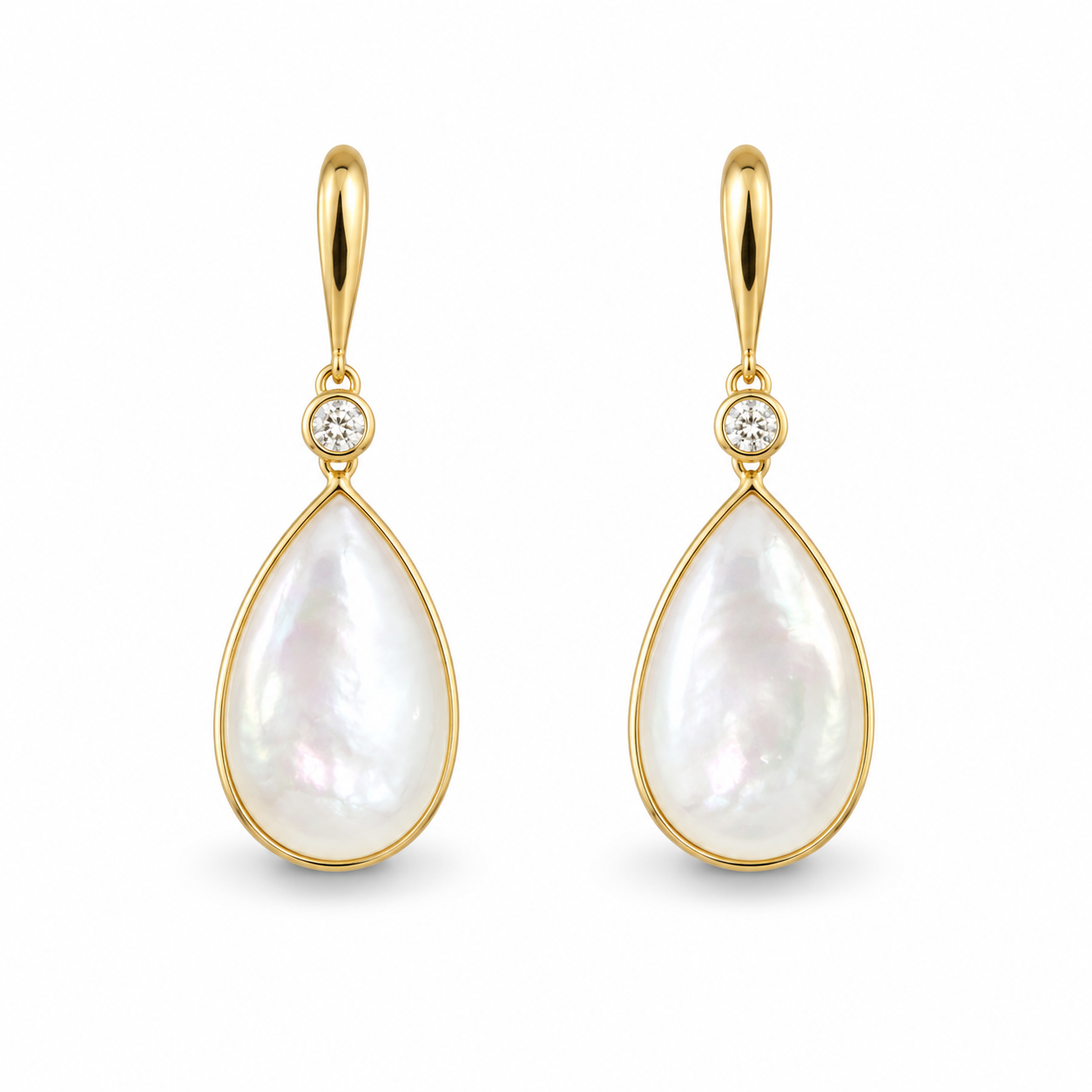 Bezel Set Pear Shaped Mother of Pearl + Diamond Earrings