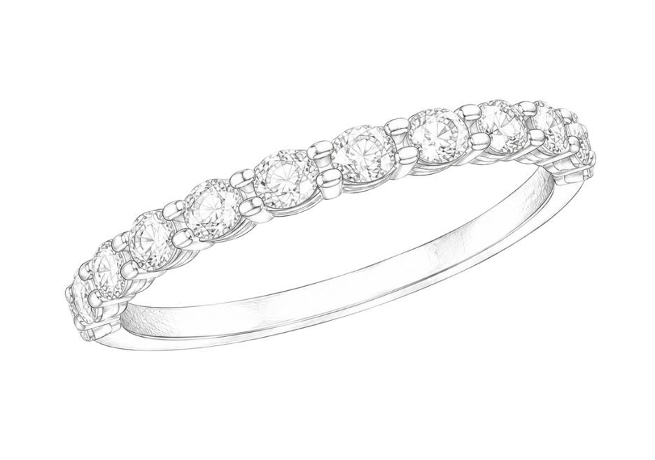 A diamond eternity wedding band with round-cut diamonds set in a row on a silver or white gold band.