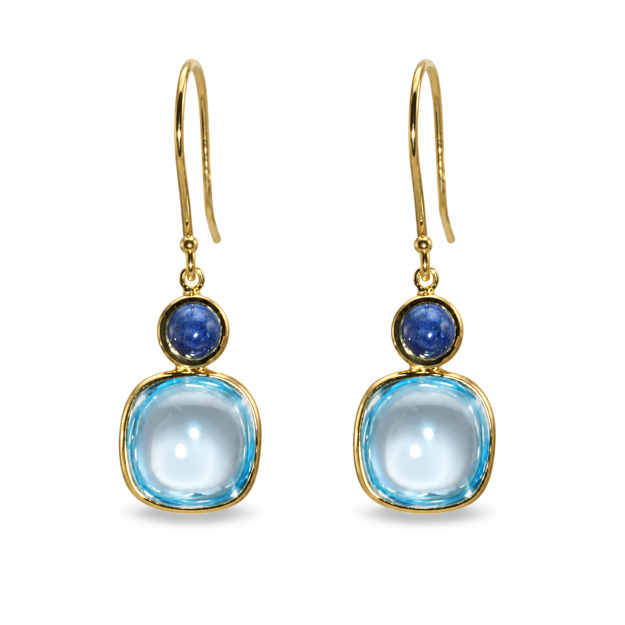 Bezel Set Cabochon Sky Blue Topaz + Blue Sapphire Earrings