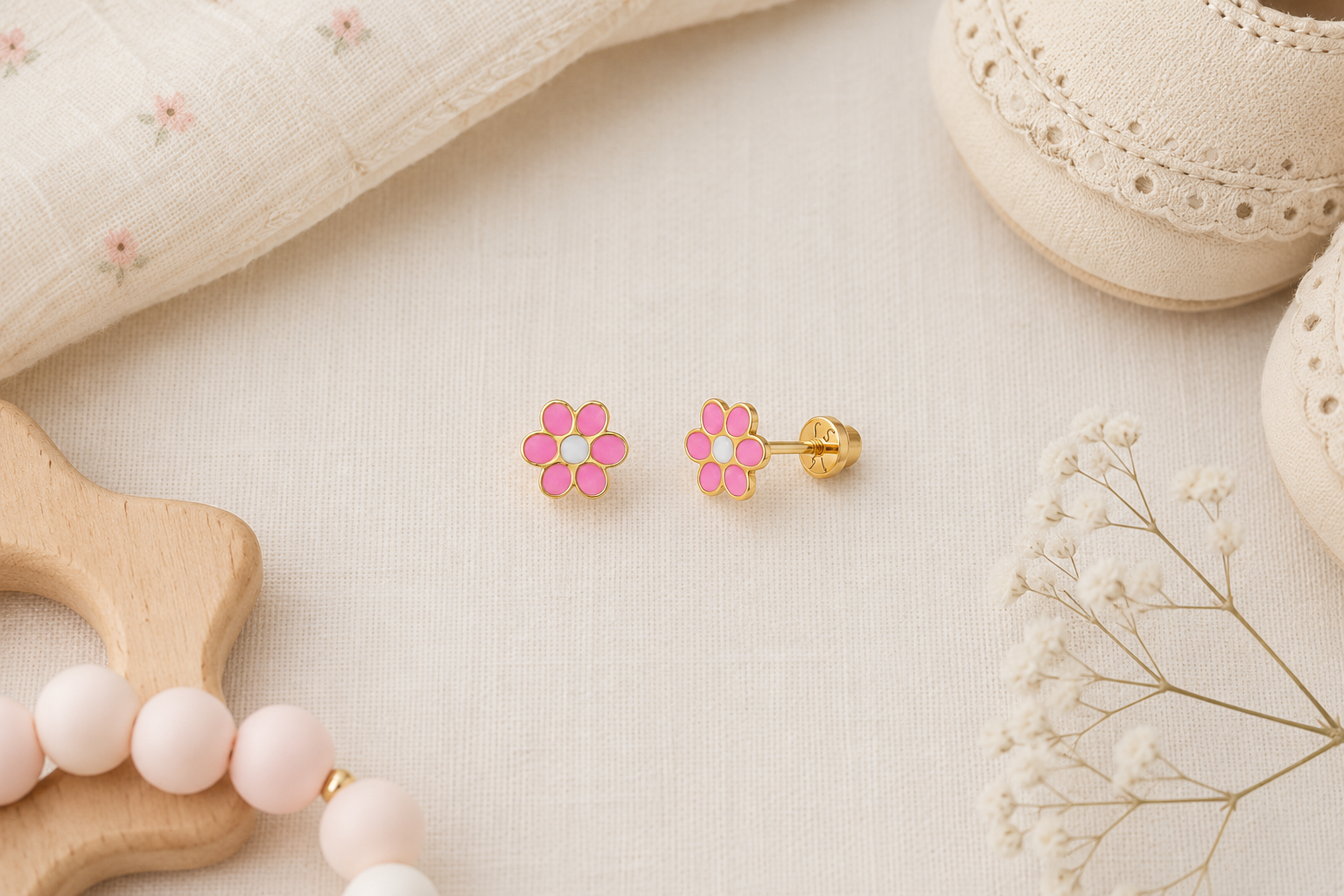 Pink enamel flower stud earrings in 14k yellow gold with screw-backs for babies and kids from Brilliant Fine+Custom Jewelry
