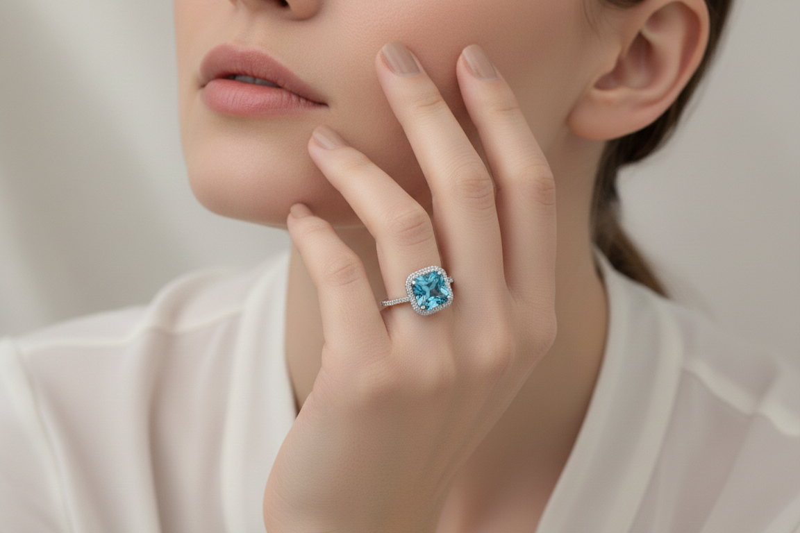 A 14k White Gold ring featuring a square-cut London blue topaz surrounded by a halo of diamonds from Brilliant Fine+Custom