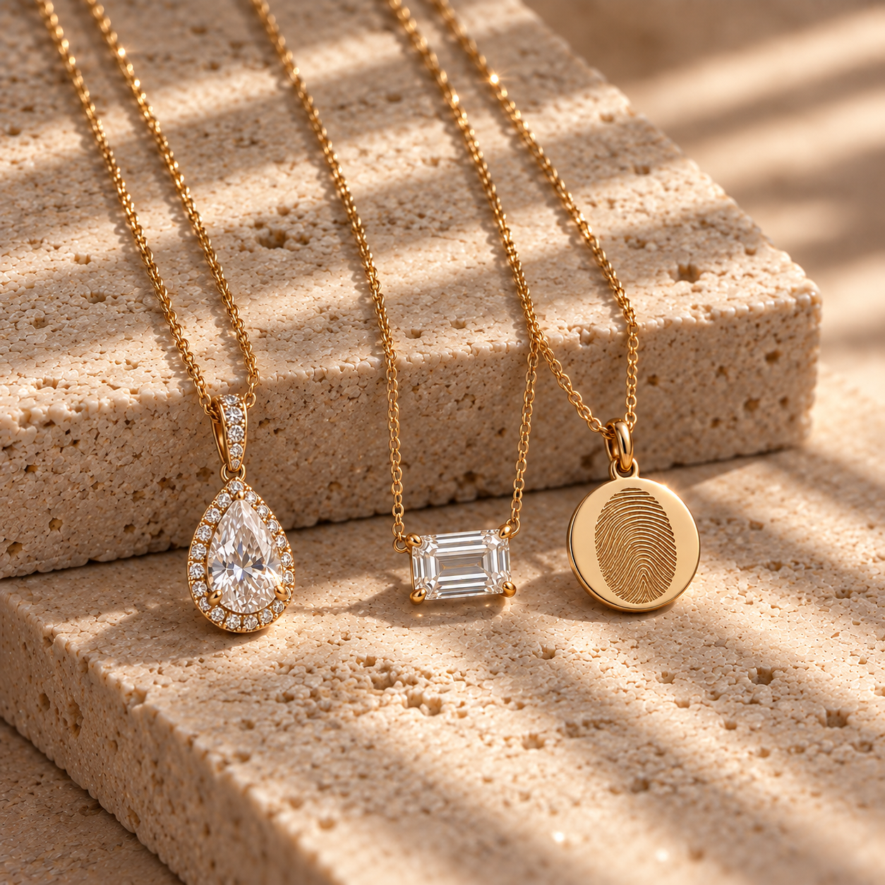 Three custom diamond pendant necklaces, the first being a diamond-teardrop with diamond halo, the middle shows an emerald-cut diamond, and the third a gold pendant with fingerprint-pattern engraving  from Brilliant Fine+Custom