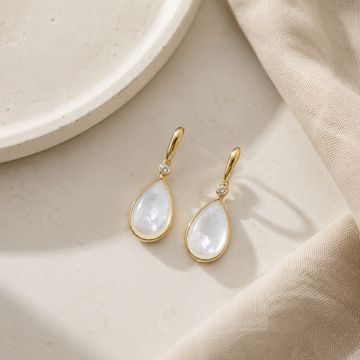 Bezel Set Pear Shaped Mother of Pearl + Diamond Earrings 4.png