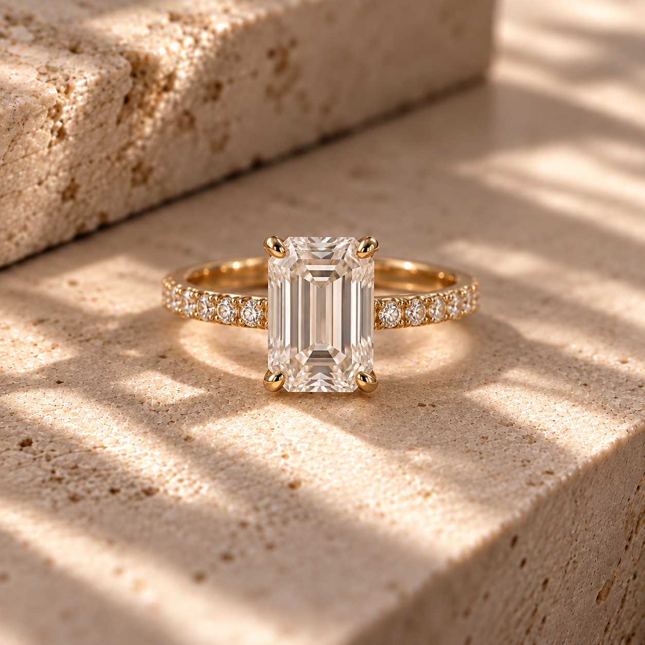 A diamond engagement ring featuring an emerald-cut diamond and diamond pave band set in white gold from Brilliant Fine+Custom Jewelry.