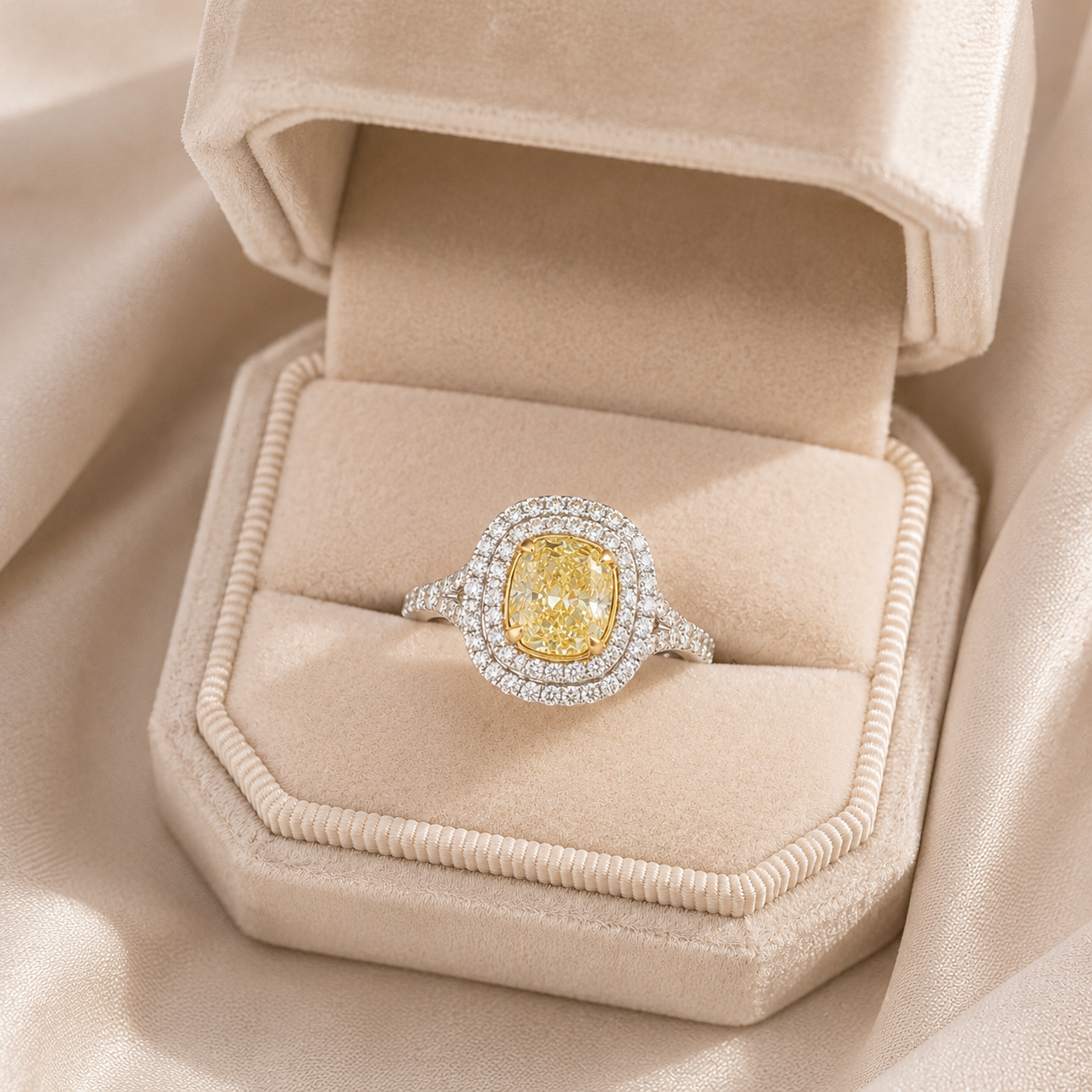 Two-tone gold cushion-cut butter yellow diamond double halo engagement ring from Brilliant Fine+Custom Jewelry