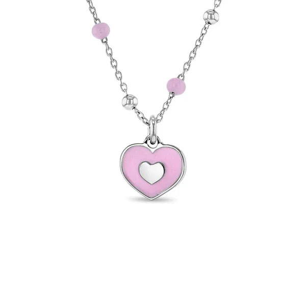 Pink Enamel Heart Pendant on Link Chain with Enamel Beads