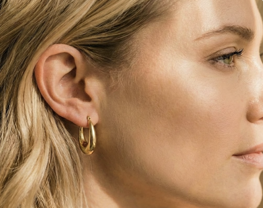 Solid 14k yellow gold oval teardrop hoop ear rings. Brilliant Fine+Custom's  take on a classic piece.
