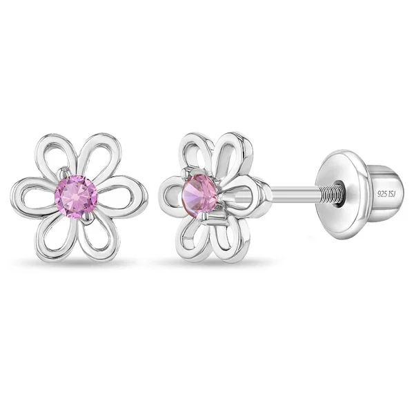 Flower Stud Earrings with CZs, Sterling Silver