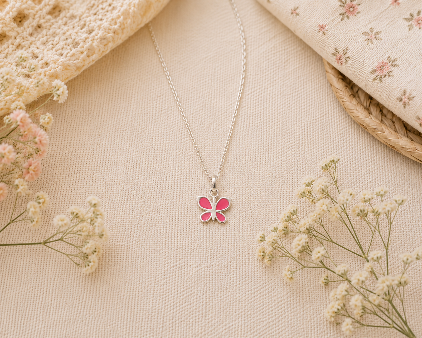 Pink enamel butterfly necklace on a sterling silver cable chain for babies and kids from Brilliant Fine+Custom Jewelry