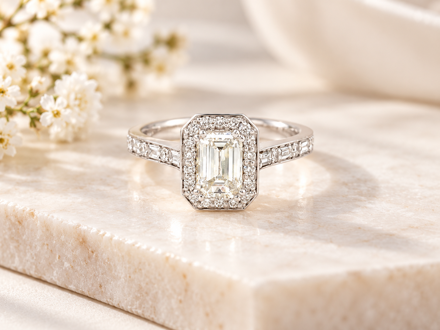 A stunning Emerald-Cut Halo ring with emerald and round cut diamond pave set in white gold from Brilliant Fine+Custom Jewelry.