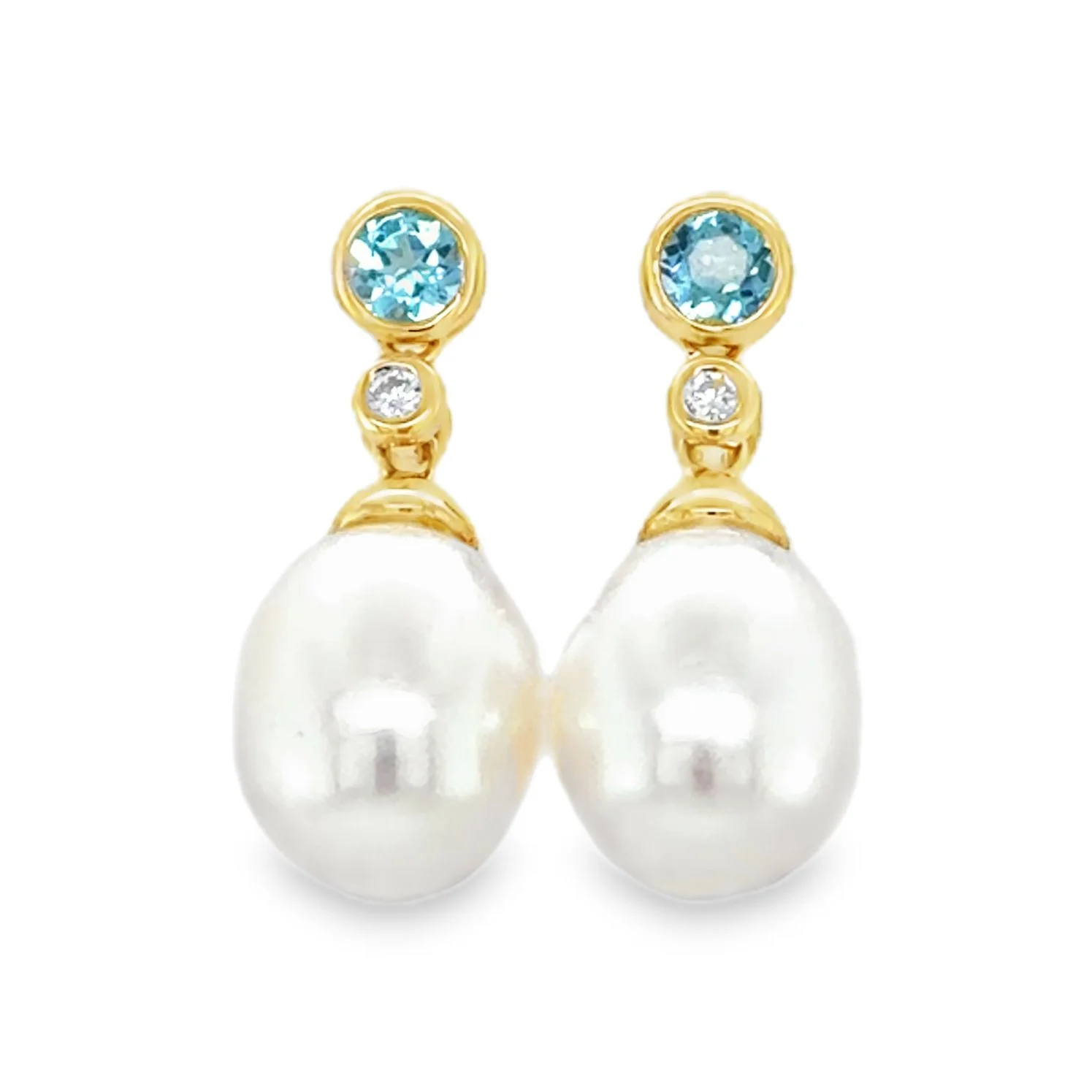 Blue Topaz, Diamond + Pearl Drop Earrings