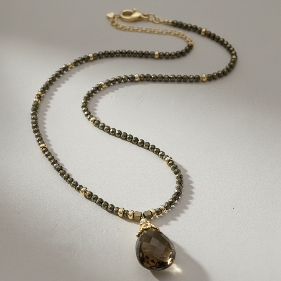 A smoky quartz drop pendant on a necklace with subtle pyrite details on a gold chain from Brilliant Fine+Custom Jewelry.