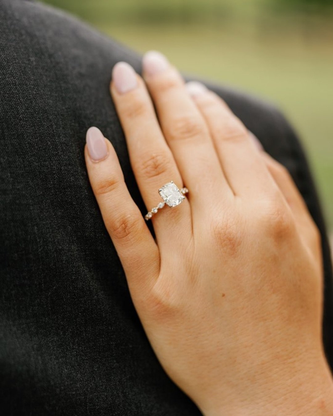 A close up of a diamond wedding ring with diamond bubble band from Brilliant Fine+Custom Jewelry just north of Atlanta, Georgia