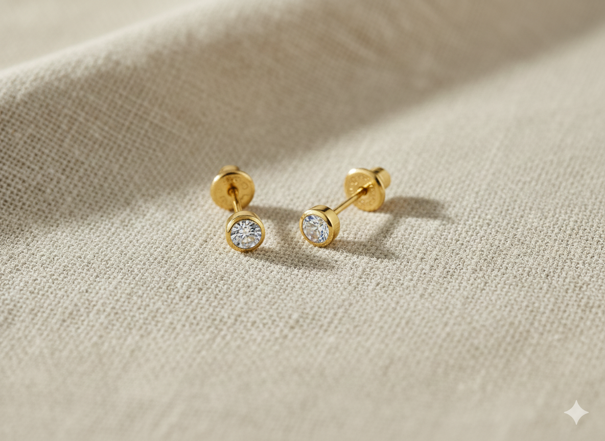 Diamond Bezel 14k yellow gold stud earrings for babies & kids from Brilliant Fine+Custom Jewelry