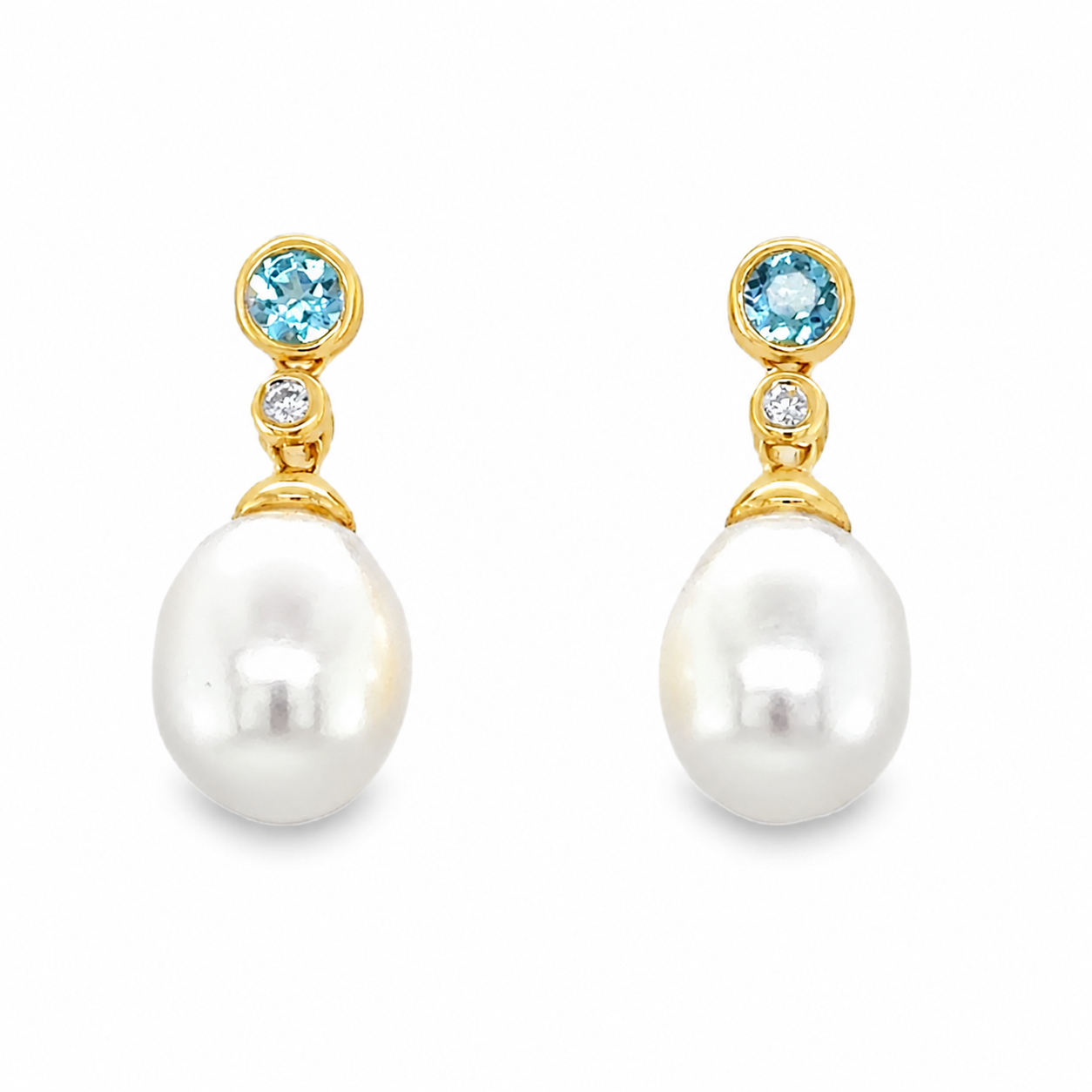 Blue Topaz, Diamond + Pearl Drop Earrings
